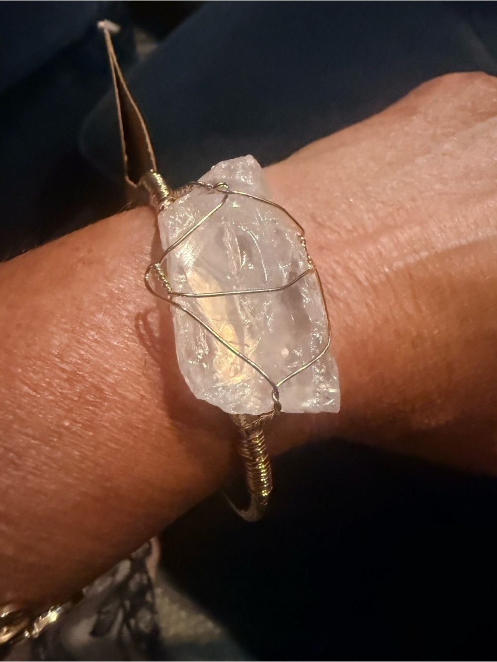 Handcrafted Clear Quartz Wire-Wrap Cuff Bracelet - Gold Tone